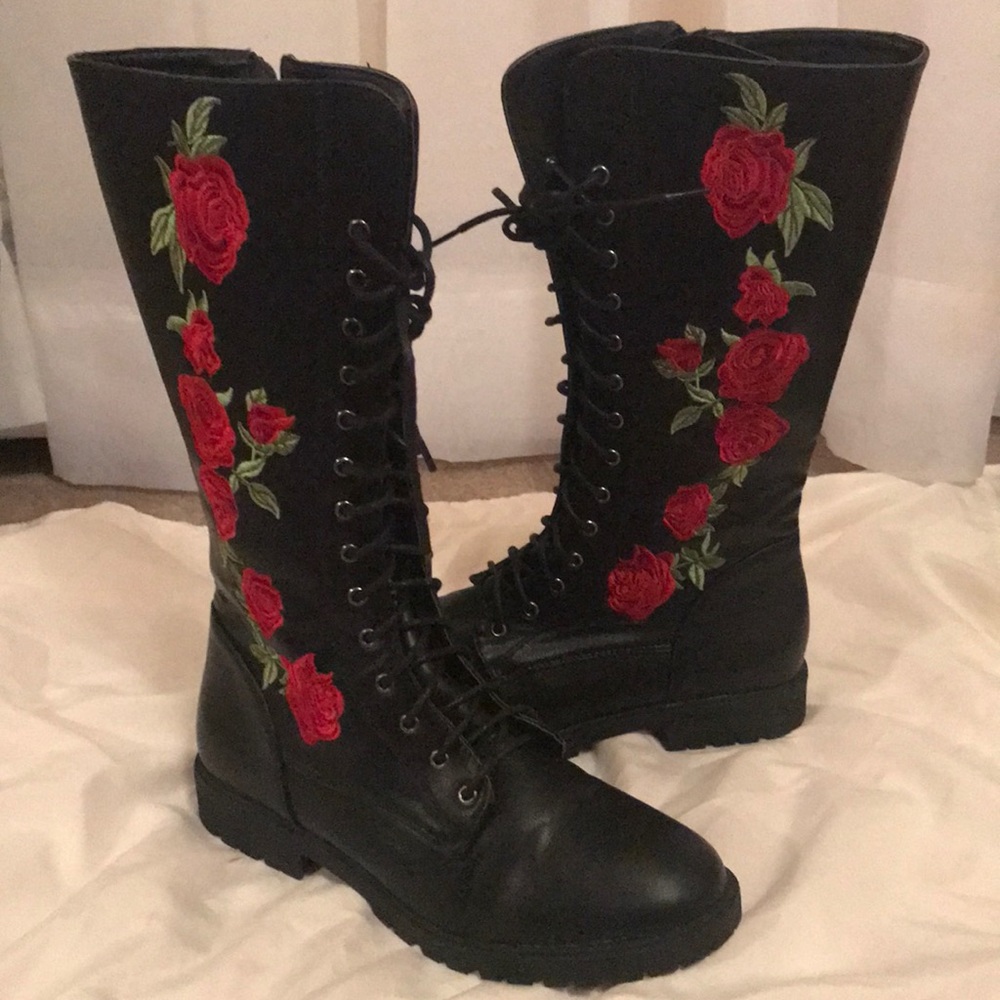 Forever21 Rose Print lace up boots-7